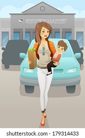 A vector illustration of beautiful mother carrying her son and grocery bags