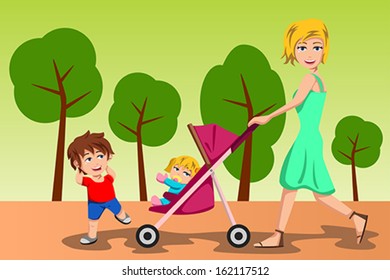 A vector illustration of beautiful mother walking with her kids