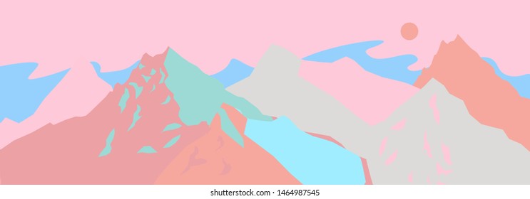 Vector illustration with beautiful mountain landscape. Asian cartoon anime style, vaporwave/ retrowave style cover in soft pastel pink and violet tones.