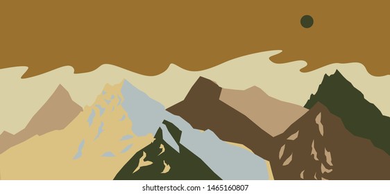 Vector illustration with beautiful mountain landscape in neutral beige color palette.