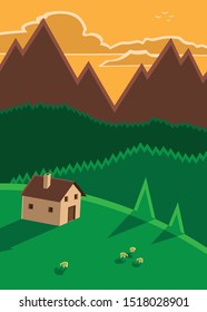 Vector illustration of a beautiful mountain landscape in which a country house is seen in a meadow with sheep, and in the background there are trees, mountains and clouds.