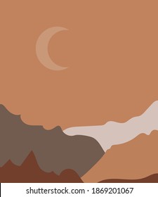 Vector illustration of a beautiful mountain landscape with mist and forest. Moonlight in the mountains.