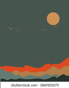 Vector illustration of a beautiful mountain landscape with mist and forest. Moonlight in the mountains.