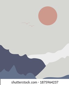 Vector illustration of a beautiful mountain landscape with mist and forest. Sunrise and sunset in the mountains.