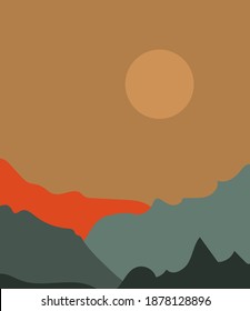 Vector illustration of a beautiful mountain landscape with mist and forest. Sunrise and sunset in the mountains.