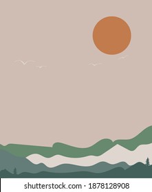 Vector illustration of a beautiful mountain landscape with mist and forest. Moonlight in the mountains.