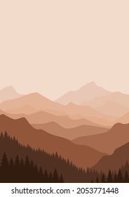 Vector illustration of beautiful  mountain landscape with fog and forest. Sunrise and sunset in mountains. Vector illustration, poster