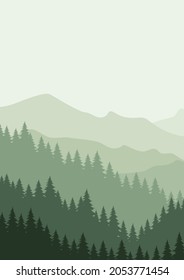 Vector illustration of beautiful  mountain landscape with fog and forest. Sunrise and sunset in mountains. Vector illustration, poster