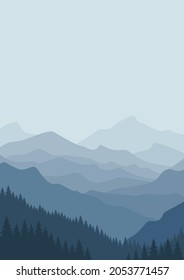 Vector illustration of beautiful  mountain landscape with fog and forest. Sunrise and sunset in mountains. Vector illustration, poster