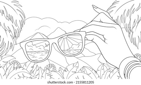 Vector illustration, beautiful mountain landscape, beach reflection in sunglasses, book coloring