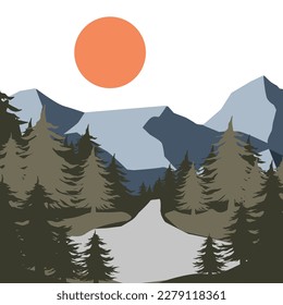 Vector illustration. Beautiful mountain landscape with trees. Seamless mountains background. Outdoor and hiking concept. pop art