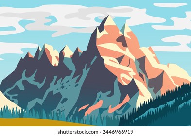 Vector illustration of beautiful mountain landscape with snow and forest.