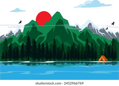 Vector illustration of a beautiful mountain landscape with fog and forest. Watch the sun rise. Watch the sun set.