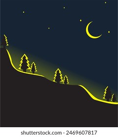 vector illustration of beautiful mountain landscape with fog and forest. rocks, peaks and hills in fog against sunrise and sunset in mountains