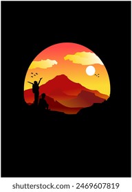 vector illustration of beautiful mountain landscape with fog and forest. rocks, peaks and hills in fog against sunrise and sunset in mountains