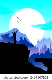vector illustration of beautiful mountain landscape with fog and forest. rocks, peaks and hills in fog against sunrise and sunset in mountains