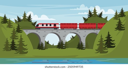 Ilustración vectorial de un hermoso paisaje montañoso con un puente y un tren. Escenas de dibujos animados de paisaje de verano con puente, tren, río, árboles de Navidad verdes, colinas, montañas, laderas, cielo, nubes.