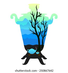Vector illustration. Beautiful mountain landscape with teapot and cup of tea inside the Samovar