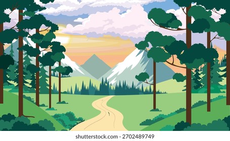 Ilustración vectorial de un hermoso paisaje montañoso con árboles de coníferas. Escena de dibujos animados de altas montañas, camino sinuoso, laderas verdes, arbustos, abetos, árboles de coníferas, hierba, sol, nubes esponjosas.