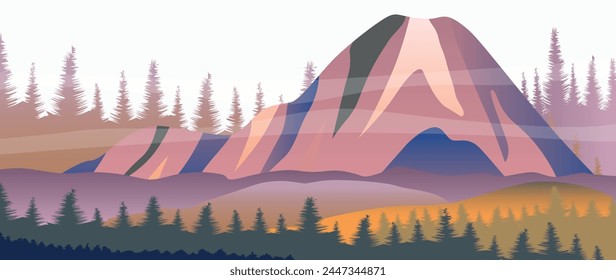 Vector illustration. Beautiful mountain nature. Travel and leisure concepts. A wonderful view of the mountains and forests. Perfect image for screensaver, cover, card, invitation and business card.