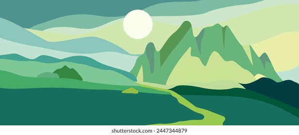 Vector illustration. Beautiful mountain nature. Travel and leisure concepts. A wonderful view of the mountains and forests. Perfect image for screensaver, cover, card, invitation and business card.
