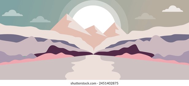 Vector illustration. Beautiful mountain nature. Travel and leisure concepts. A wonderful view of the mountains and forests. Perfect image for screensaver, cover, card, invitation and business card.