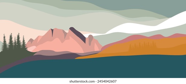 Vector illustration. Beautiful mountain nature. Travel and leisure concepts. A wonderful view of the mountains and forests. Perfect image for screensaver, cover, card, invitation and business card.