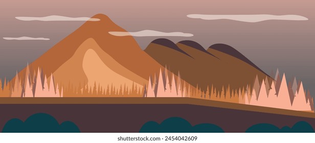 Vector illustration. Beautiful mountain nature. Travel and leisure concepts. A wonderful view of the mountains and forests. Perfect image for screensaver, cover, card, invitation and business card.