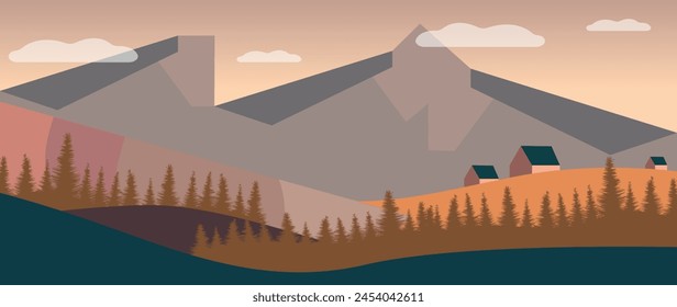 Vector illustration. Beautiful mountain nature. Travel and leisure concepts. A wonderful view of the mountains and forests. Perfect image for screensaver, cover, card, invitation and business card.