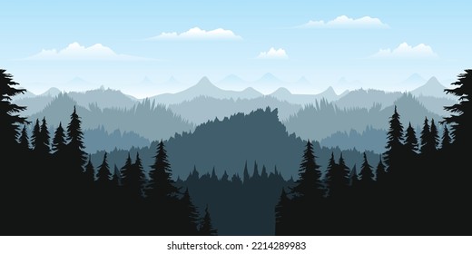 Vector illustration of beautiful mountain, Vector illustration of the pine trees forest receding into the distance on the background of light blue mountains in thick fog.