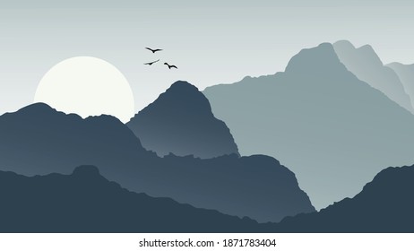 Vector illustration The beautiful mountain range has a sunrise.,There are 3 birds
