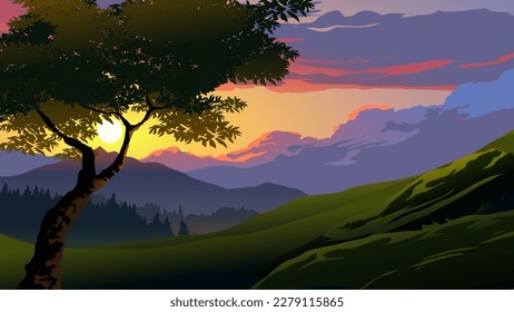 Vector illustration of beautiful mountain sunset landscape with a tree and meadow