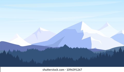 Vector illustration of beautiful mountains with forest silhouette background in pastel colors. travel, tourism, hiking concept in flat style.