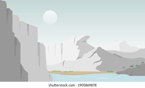 Vector illustration of beautiful mountains horizon panoramic view. Mountains in fog with river or lake, sun and forest.  morning mountain nature background with sun, landscape scenery.

