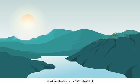 Vector illustration of beautiful mountains horizon panoramic view. Mountains in fog with river or lake, sun and forest.  morning mountain nature background with sun, landscape scenery.
