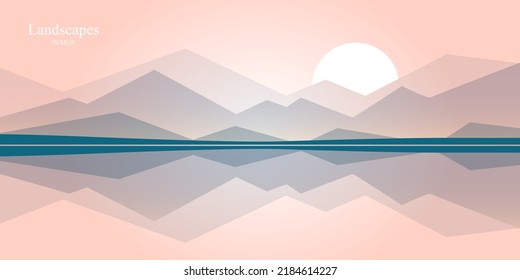 Vector illustration of beautiful mountains landscape with dawn, hills, soft color sky, landscape background in flat banner cartoon style. Simple geometric landscape design.