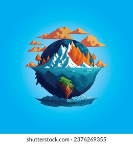 Vektorgrafik der schönen Berge auf der Erde mit Wolken und Bäumen. Klettern eines Bergvektors