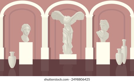 Vector illustration of a beautiful museum hall with ancient gods. Cartoon scene of a room with pink walls, vases, marble Greek busts and sculpture.