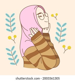 vector illustration of beautiful muslim girl wearing glasses and brown sweater in cartoon style