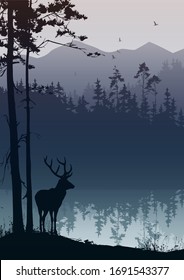 Vector illustration with beautiful natural background. Deer by the lake, in the distance a pine forest on a background of mountains