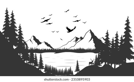 Vector illustration with beautiful natural background. Deer by the lake, in the distance a pine forest on a background of mountains