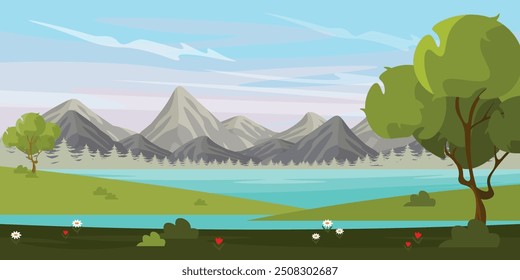 Vector illustration of a beautiful natural landscape. Cartoon landscape scene with mountains of different heights, river, Christmas trees, trees, bushes, white and red flowers, sky with clouds.