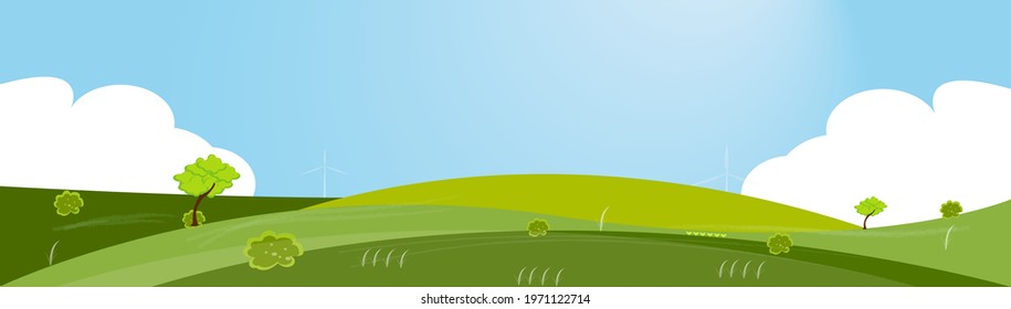 Vector illustration of beautiful natural windmill grassland scenery with green hills, bright blue sky, flat cartoon style background