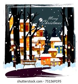 vector illustration of beautiful nature landscape background with houses for Happy Winter and Merry Christmas Background