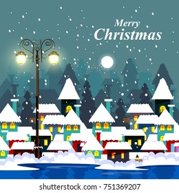 vector illustration of beautiful nature landscape background with houses for Happy Winter and Merry Christmas Background