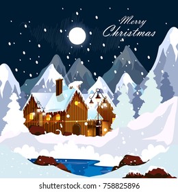 vector illustration of beautiful nature landscape background with house for Happy Winter and Merry Christmas Background