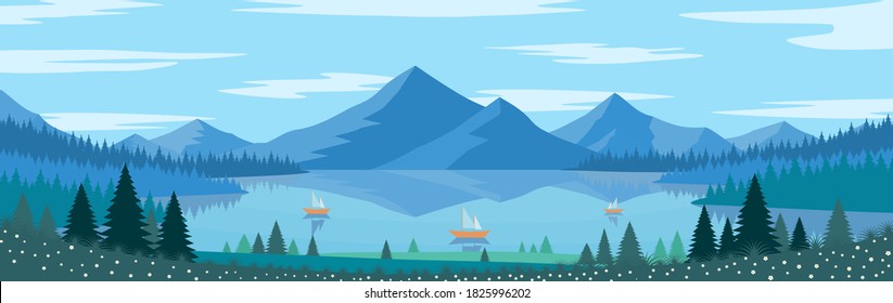 Ilustración vectorial de la hermosa vista panorámica del lago de montaña de la naturaleza en estilo de dibujos animados planos.