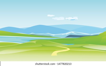 Vector illustration of a beautiful  nature scene in river valley and green fields, blue mountains in horizon
