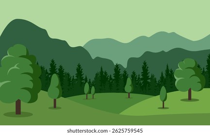 Vector illustration of beautiful nature summer fields landscape with a dawn, green hills, bright color blue sky, country background in flat cartoon style banner.