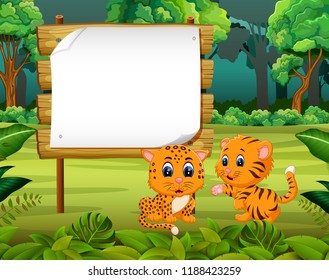 vector illustration of the beautiful nature view with the wooden board blank space and two cute tiger